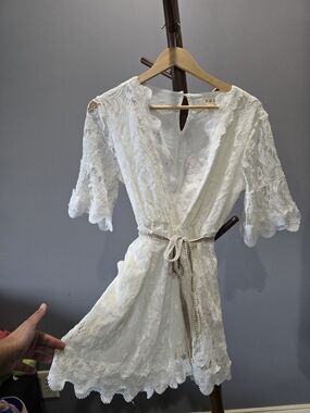 BOGO! POL white lace wrap romper with braided tie. Free! Romper.